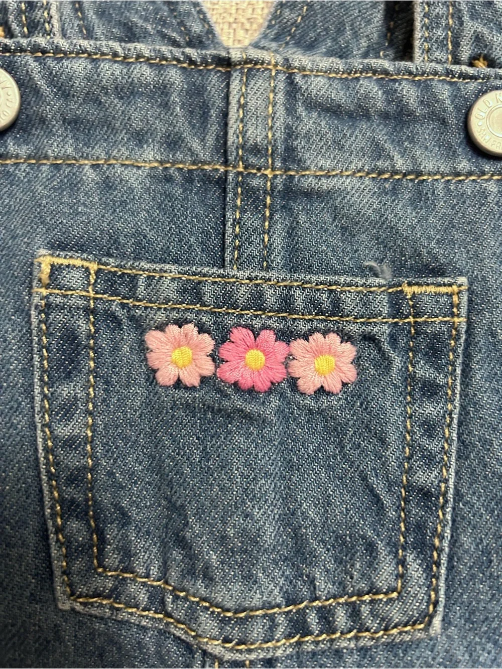 Old Navy Denim Pinafore Dress w Pink Flower Embroidery. NWT Size 18-24M Cotton
